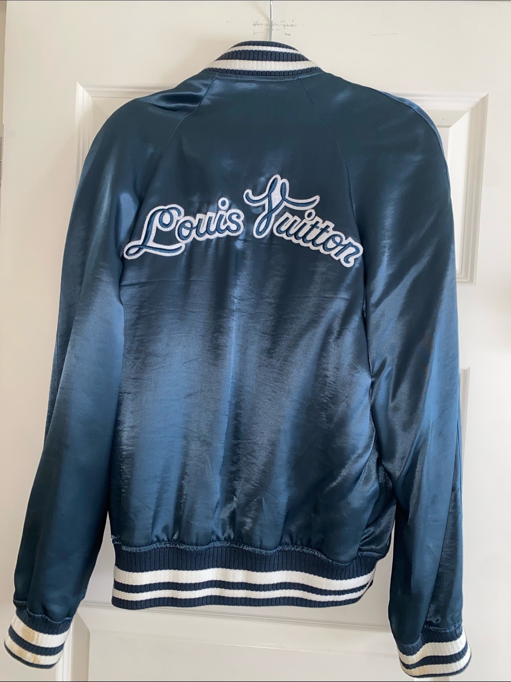 Louis Vuitton Navy Satin Varsity Bomber Jacket with White Script
